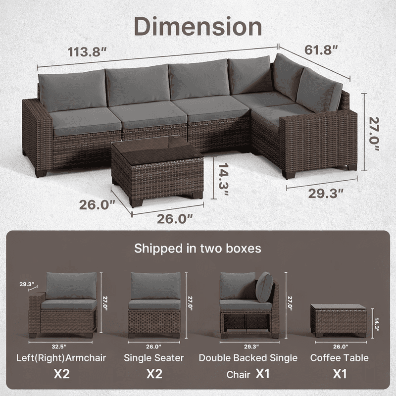 Aiho Outdoor Patio Furniture Set with All Weather Wicker, 6 Pieces Outdoor Sectional Sofa with Soft Cushions and Coffee Table, For Garden, Backyard, Poolside, Patio, Porch and Balcony - Gray