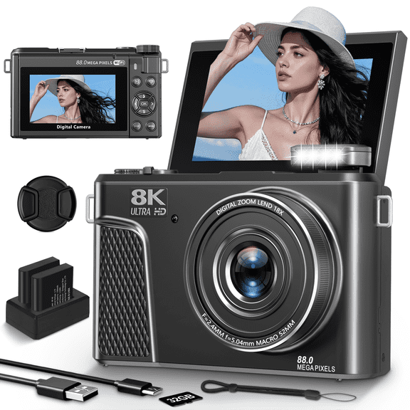 8K 88MP Digital Camera for YouTube Vlogging, 18X Digital Zoom Camera with WiFi, Autofocus, LED Light, External Mic Support, 2 Batteries & 32GB Card