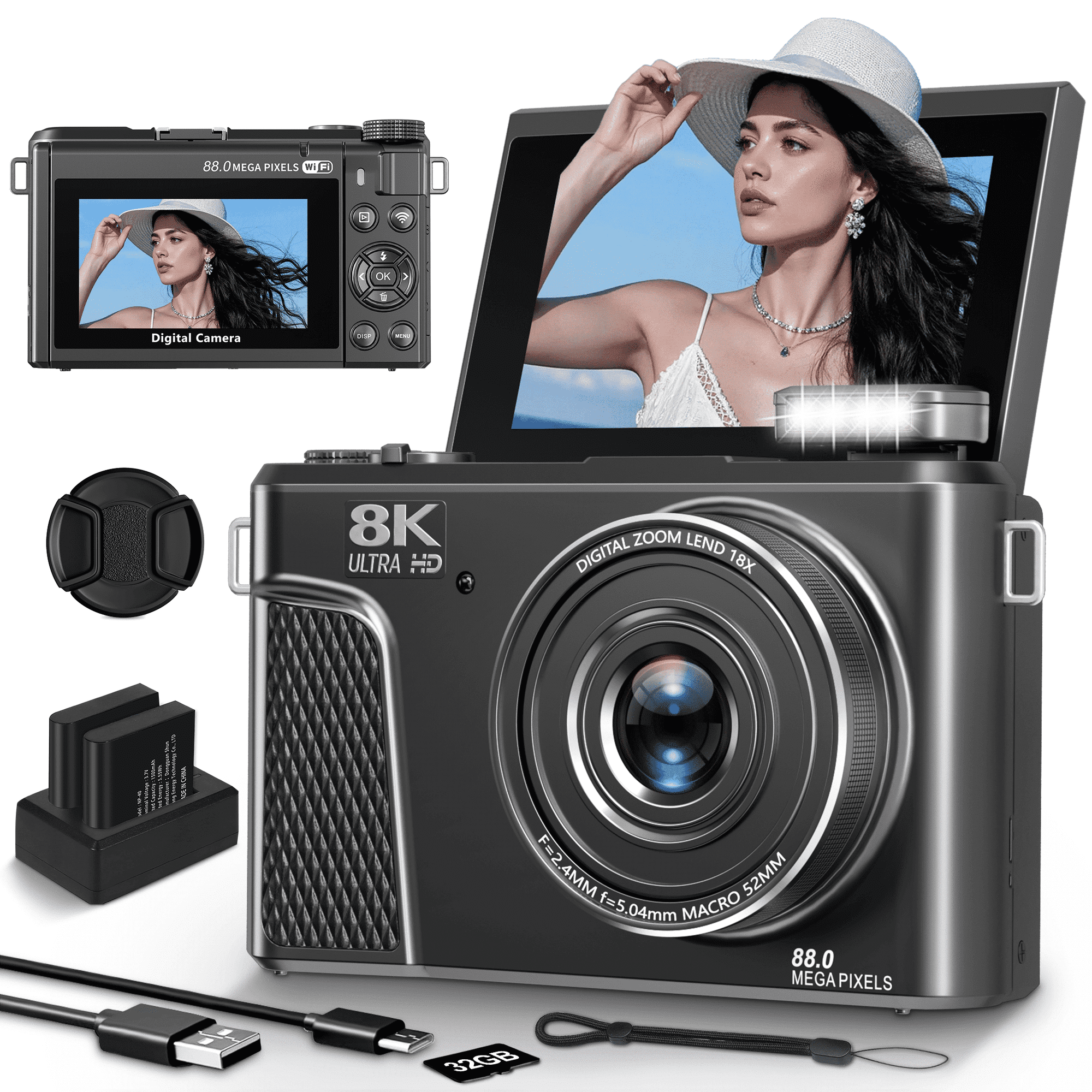 8K 88MP Digital Camera for YouTube Vlogging, 18X Digital Zoom Camera with WiFi, Autofocus, LED Light, External Mic Support, 2 Batteries & 32GB Card