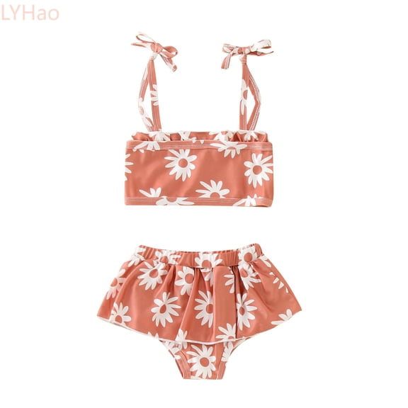 LYHao Toddler Summer Girls Little Daisy Flowers Printed Ruffles Two Piece Swimwear Swimsuit Bikini,2 Piece Swimwear Sets 18-24 Months Orange