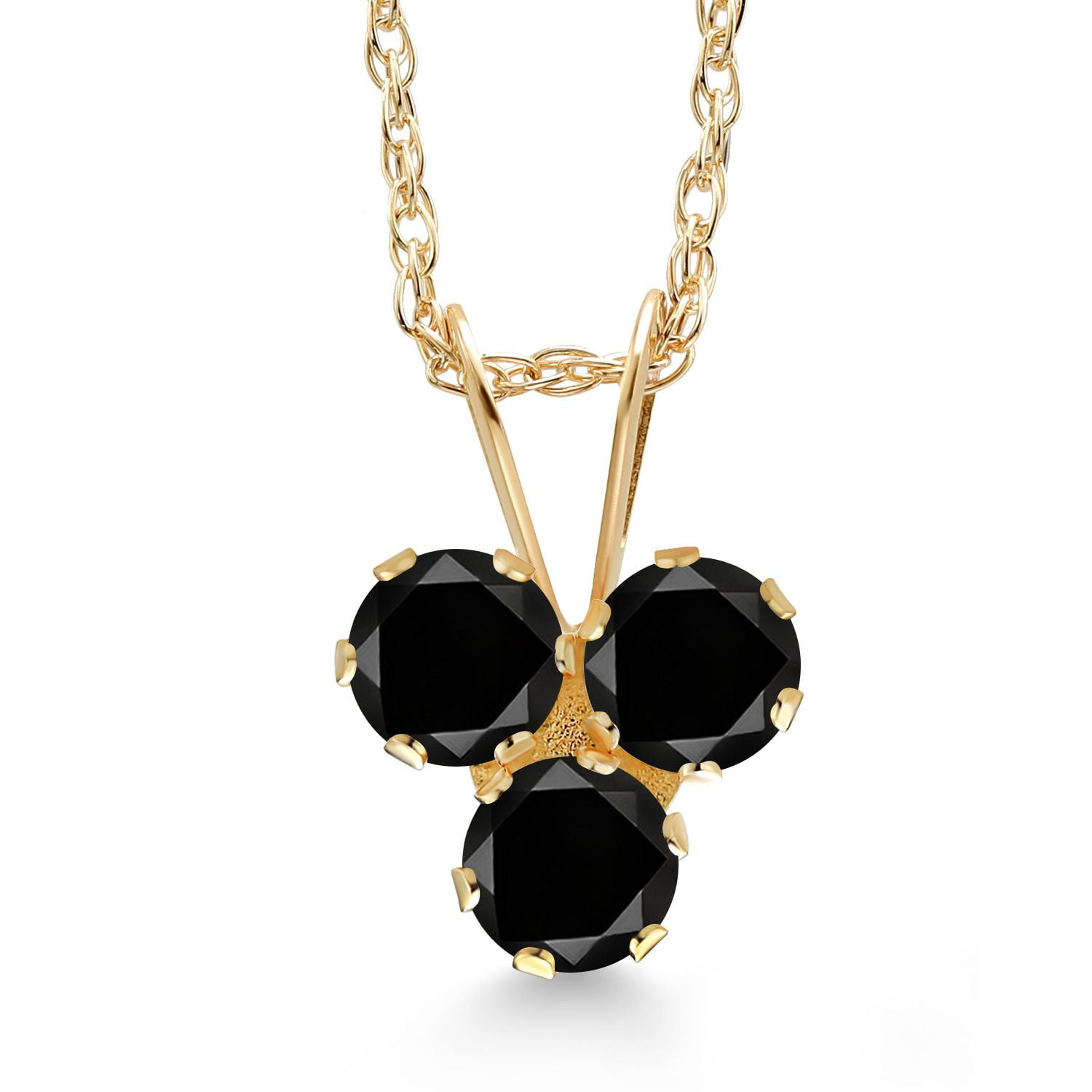 Gem Stone King 14K Yellow Gold Black Diamond 3-Stone Pendant Necklace for Women (0.30 Cttw, Gemstone April Birthstone, Round 3MM, 18 inch Chain)