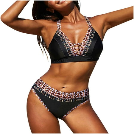 

Finelylove Womens Bikini Swimsuits Lace Sport Bra Style High Waist Black L