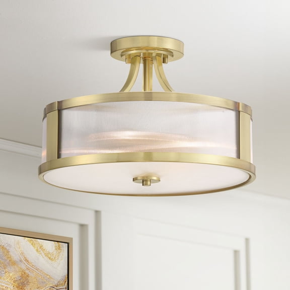 Possini Euro Design Randall 16" Modern Semi Flush-Mount Ceiling Light Fixture Kitchen Foyer Hallway Drum Round Brass Finish Glass