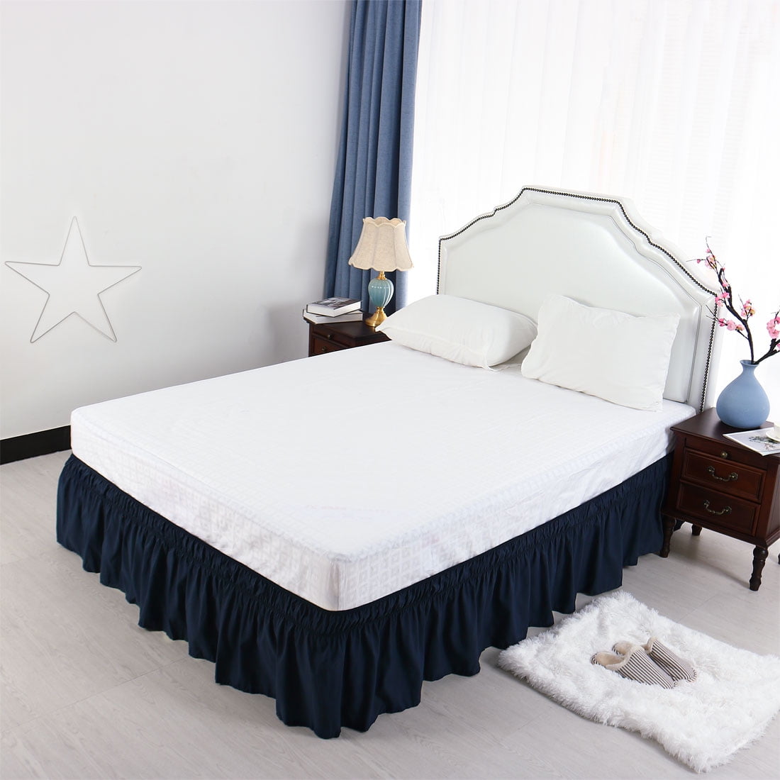 Unique Bargains Elastic Dust Ruffled Bed Skirt with 15" Drop Full Navy Blue