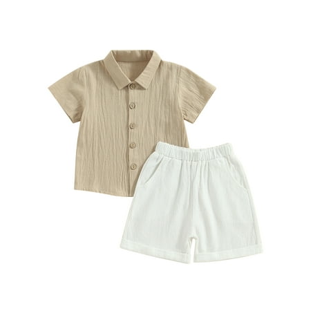 

Toddler Baby Boy Summer Outfit Cotton Linen Short Sleeve Button Down Shirt Elastic Waist Shorts 2Pcs Casual Clothes