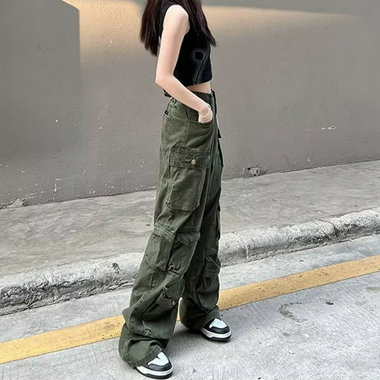 Womens Pants Trendy Tall Wide Leg High Streetwear Straight Tube Multi  Pocket Cargo Pant