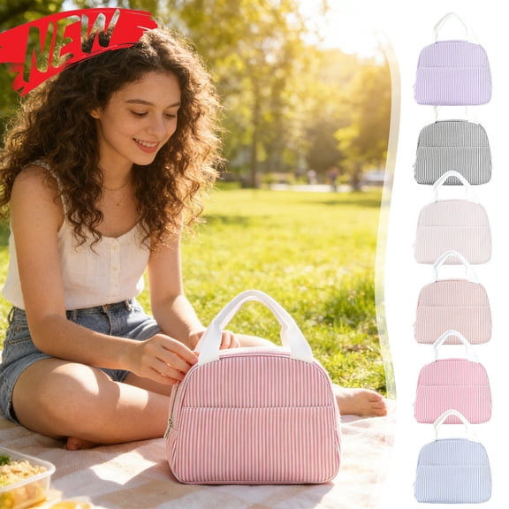 Fabric Striped Lunch Bag for Women Men, Leakproof Lunchbox Bag, Portable Bento Bag, Insulated Lunch Box Handbag Bags for Adult, Reusable Lunch Tote Bag for Work, Picnic or Travel, Light Blue