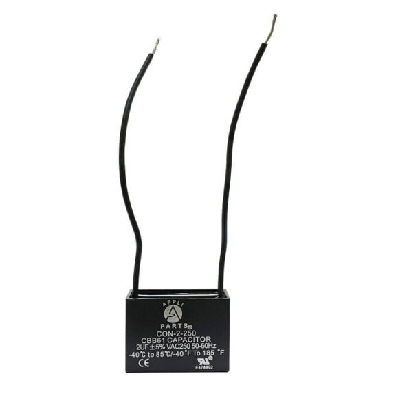 Appli Parts Fan Capacitor 2 mfd (microfarads) uf 250 VAC with 2 Wire Terminal Connections compatible with any brand with same capacitance 1-1/2in Width 5/8in Depth 1in Height CAP-2-250-2C