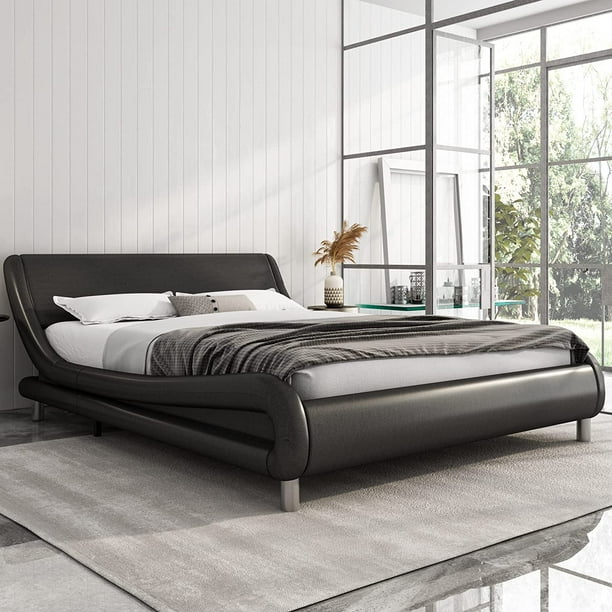 King Size Faux Leather Upholstered Platform Bed Frame With Adjustable Headboard Modern Deluxe Low Profile Sleigh Wave Like Curve Wood Slat Support No Box Spring Needed Black Com Sleigh Bed Frame, King Size Bed Frame With Headboard Black