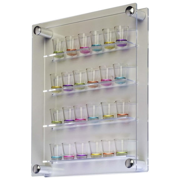 24 Shot Glass Display Case Holder, Side Loading, Transparent Acrylic with 4 Shelves, Includes Silver Standoffs for Wall Mounting (SMLCLDIS)