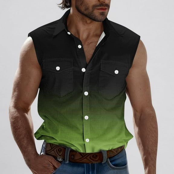 Blczomt Summer Tank Tops for Men Button Down Gradient Casual Shirt Green with Pockets Collared Summer Tank