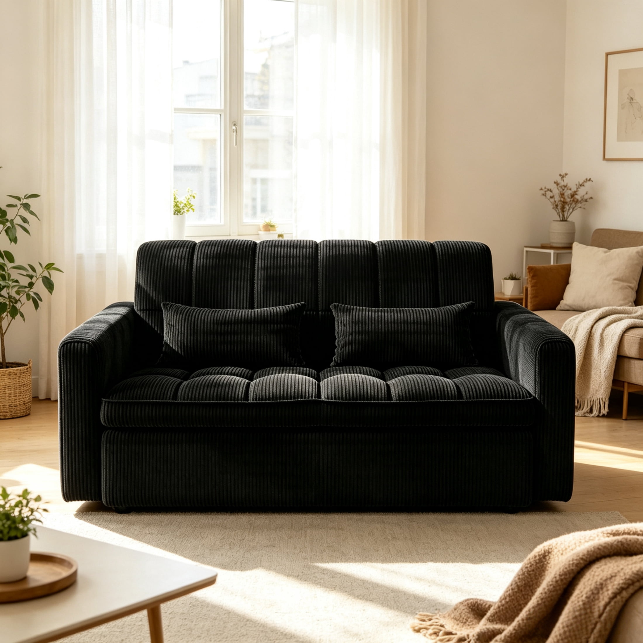 Anpport 55" Striped Corduroy Loveseat, Convertible Sleeper Sofa Bed for Small Spaces, Black