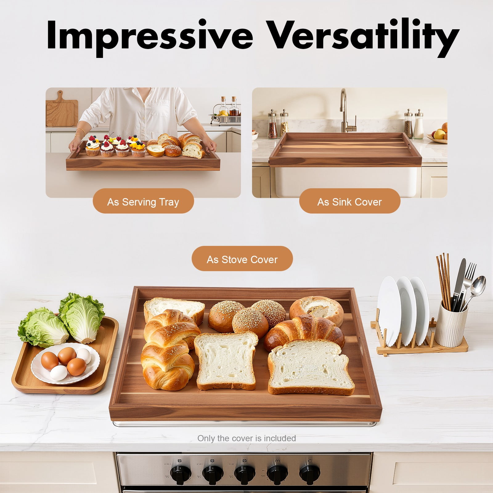 DUYIWAA Stove Cover Rectangle Wood Stovetop Cover Protector Cutting Board Serving Tray 30*22*2.5in