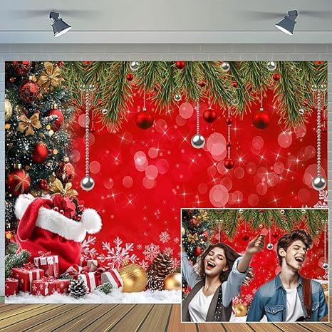 7 x 5 ft Snowflake Merry Christmas Themed Backdrop Xmas Trees Santa Gifts Glitter Sparkle Red Photography Background for Winter New Year Festival Party Decor Banner Portrait Photo Studio Booth Props