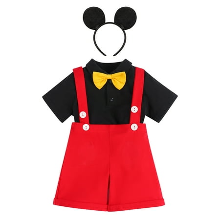 

IBTOM CASTLE Baby Boys Gentleman First Birthday Cake Smash Outfit Bowtie Romper+Suspenders Short Pants+Mouse Ears Headband 6-12 Months Red+Black-Buttons