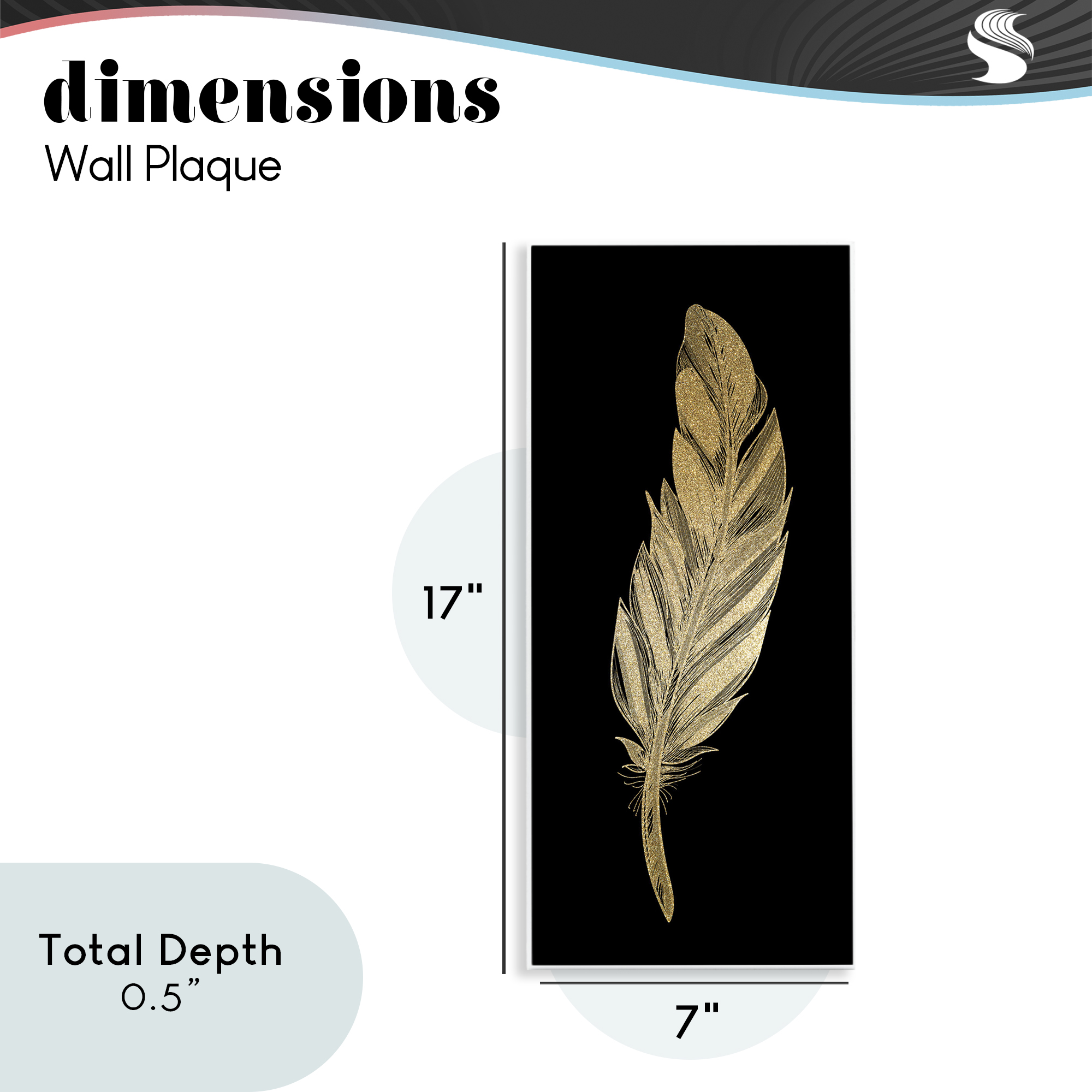 Glam Feather Black & Gold Wall Plaque Art, design by Kim Allen