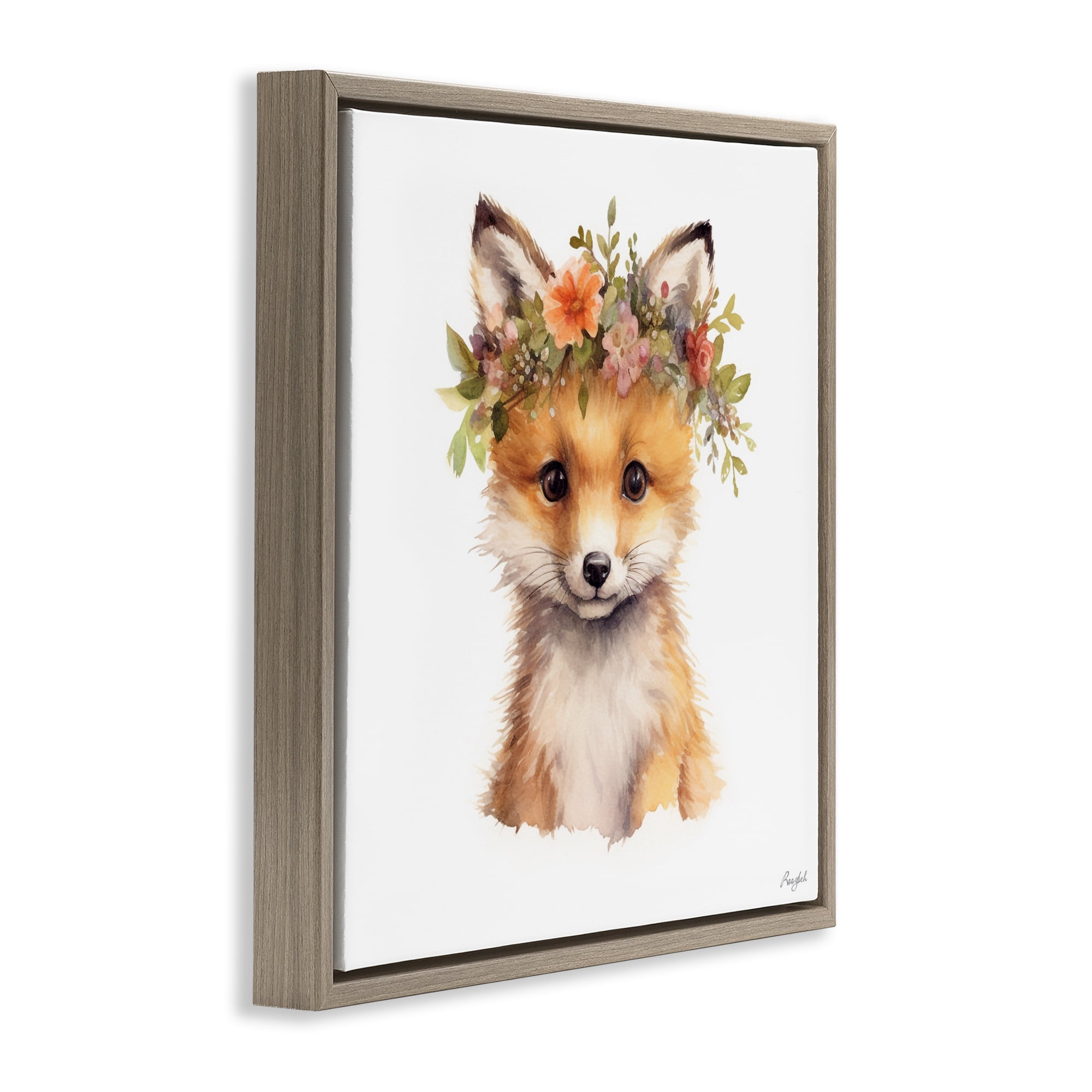 Stupell Industries Woodland Fox Flower Crown Brown Framed Floater Canvas Wall Art, design by Roozbeh