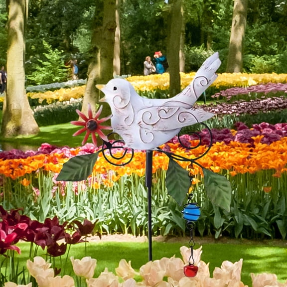 Garden Stake, Metal Bird Garden Stake with Wind Chime Outdoor Decorative Yard Art Lawn Decor Blue Bird with Flower and Hanging Bell