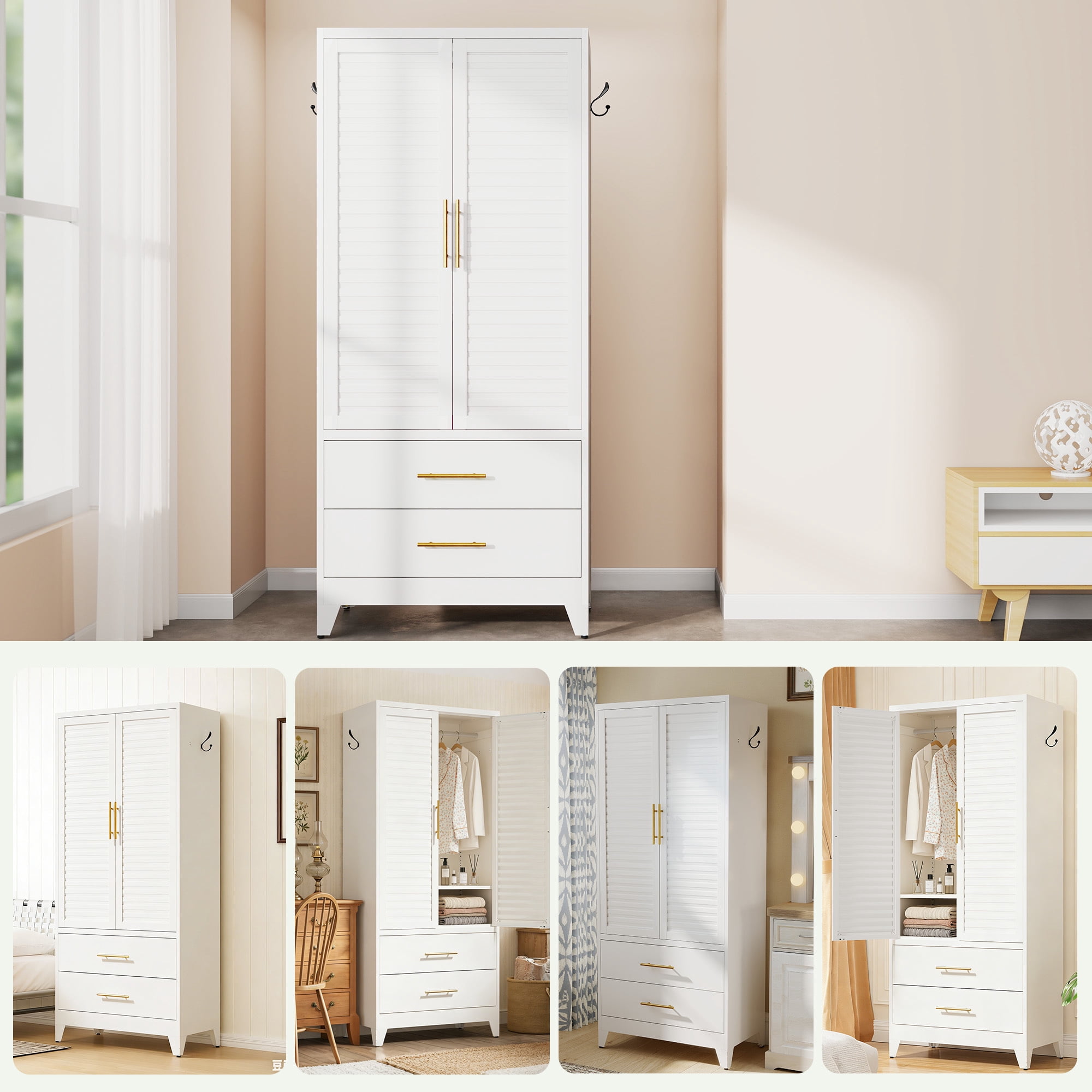 avobird 71" Tall Metal Wardrobe Cabinet with 2 Doors, Wardrobe Closet with Shelf, Lightweight Closet for Small Apartments, Dorm, Renters, Cold Rolled Steel, White