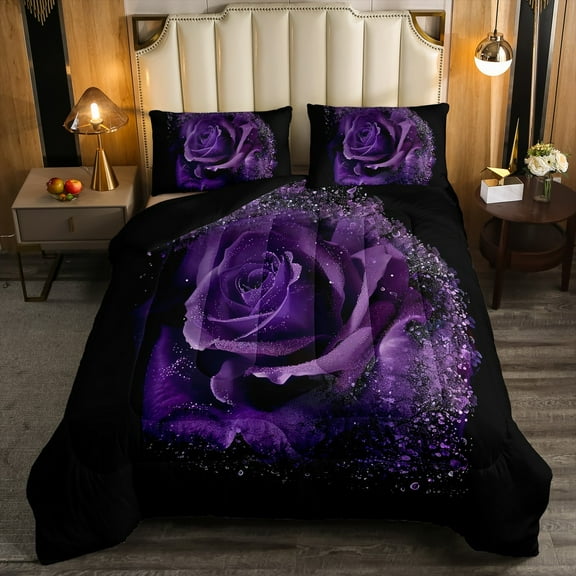 Rose Comforter Set ,Twin Bedding for Women,3D Purple Rose Bedding Comforter Sets,Romantic Floral Valentine's Day Couple Duvet Insert with 1 Pillowcase Warm