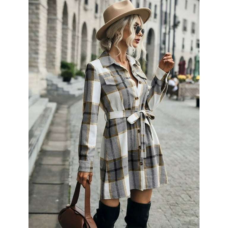 Hotian Women Plaid Shirt Dress with Belt Button Through Checkered Longline Overshirt Gray M