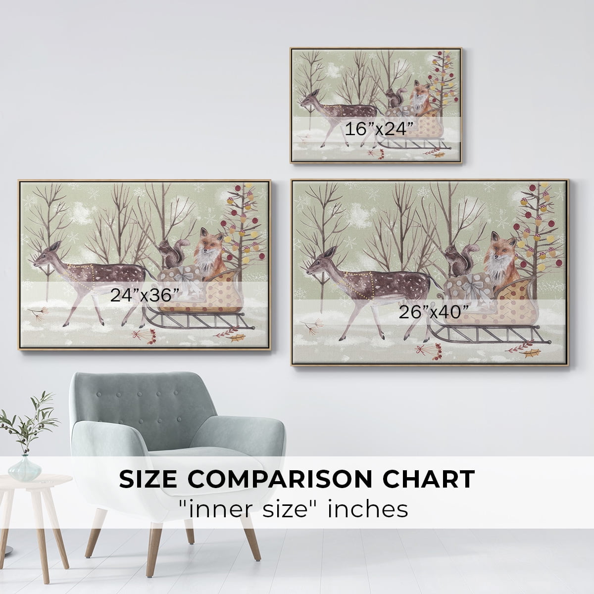 Christmas Time Collection A - Framed Gallery Wrapped Holiday Canvas - 25 x 37 - Natural Wood Frame