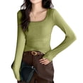 thumbnail image 3 of Women Long Sleeve Shirts Square Neck Tops Ribbed Knit Basic Crop Tops Fall Outfits Fashion Clothes Grass Green XL, 3 of 6