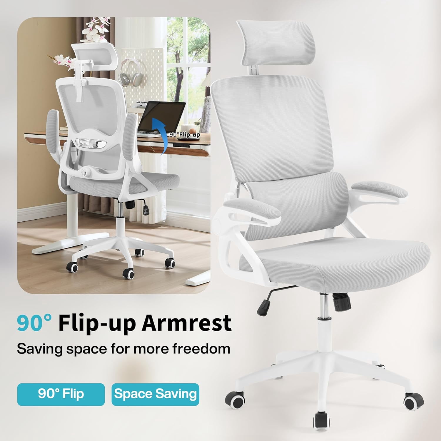 Ergonomic Office Chair,Mesh Office Chair with Lumbar Support,High Back Desk Chair with Flip-up Arms,401 lbs Big and Tall Computer Chair with Headrest,Comfy Desk Chairs (White-Gray)