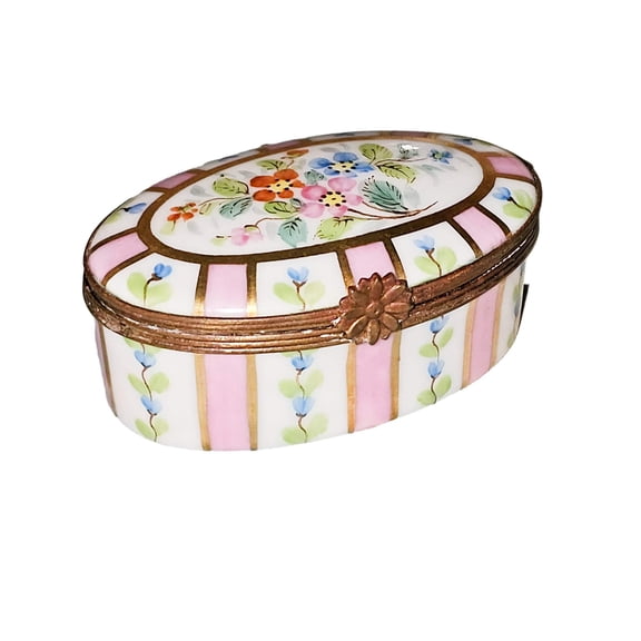 Pink Oval Stripes w Flowers Limoges Box for Home Decor Limoges Box Porcelain Figurine