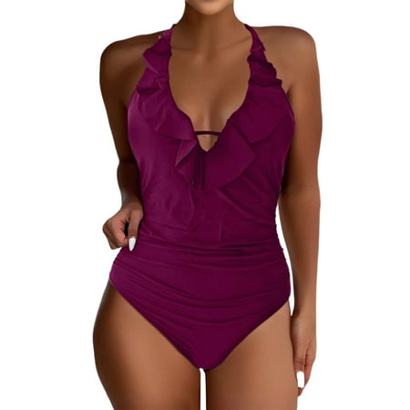 Biziza Backless One Piece Swimsuit for Women Trendy with Built in Bra Red Padded Basic Tummy Control Swimsuits 2025 V Neck Spandex Solid Color Bathing Suits