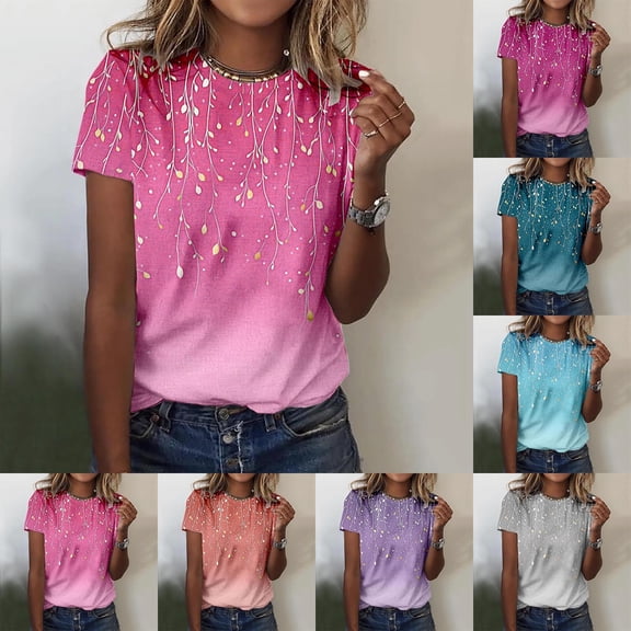 QHWAUAKFBN T Shirts For Women Loose Fit Print Point Sleeve Crew Neck Tshirts Top