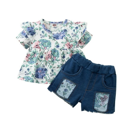 

Toddlers Kids Girl Clothes Floral Printed Top Jeans Shorts Pants 2Pcs Outfits Set