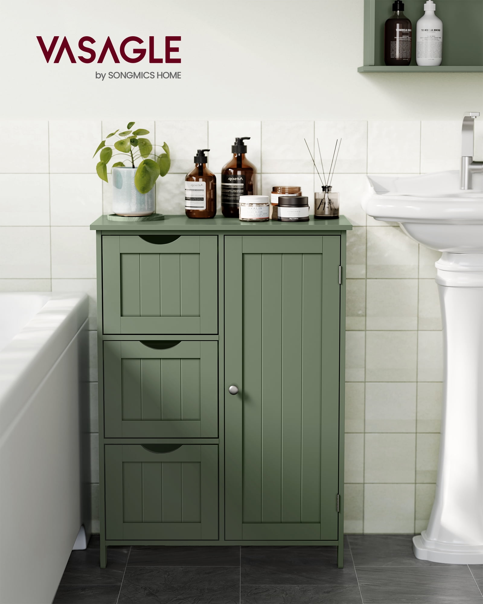 Floor Storage Cabinet, Freestanding  Storage Unit with 3 Drawers, 1 Adjustable Shelf, Forest Green