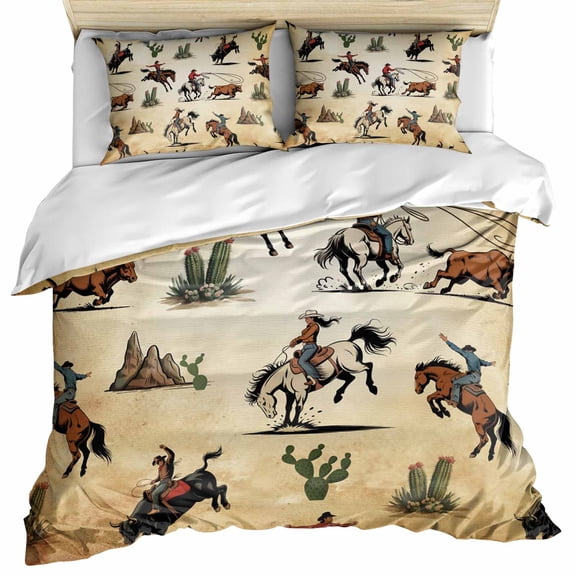 Western Cowboys Bedding 3 Piece Duvet Cover Set Full Size, Brown Vintage Country Cactus Soft Microfiber Comforter Cover with Zipper Closure & Pillowcases, Wrinkle & FadeResistant Quilt Cover