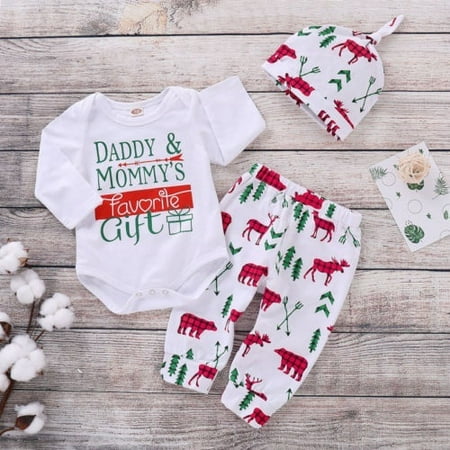 Newborn Baby Boys Girls Christmas Outfit Long Sleeve Romper Bodysuit Shirts+Deer Pants Hats 3Pcs Clothes Set