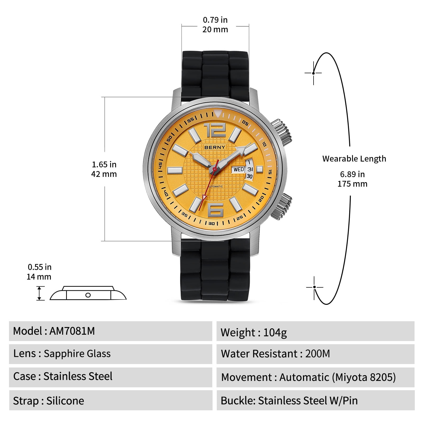 BERNY Automatic Dive Watches for Men, Sport 200M Waterproof Analog Mechanical Watch with Day & Date, Super Luminous, Silicone Strap, Stainless Steel, Sapphire Crystal, Men's Pro Diver Watch (Yellow)
