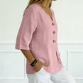 thumbnail image 4 of OIOLOYJM Linen Shirts for Women 3/4 Sleeve V Neck Casual Blouses Spring Summer Oversized Outfits 3 Button Pleated Front Pullover Tops Pink S, 4 of 6