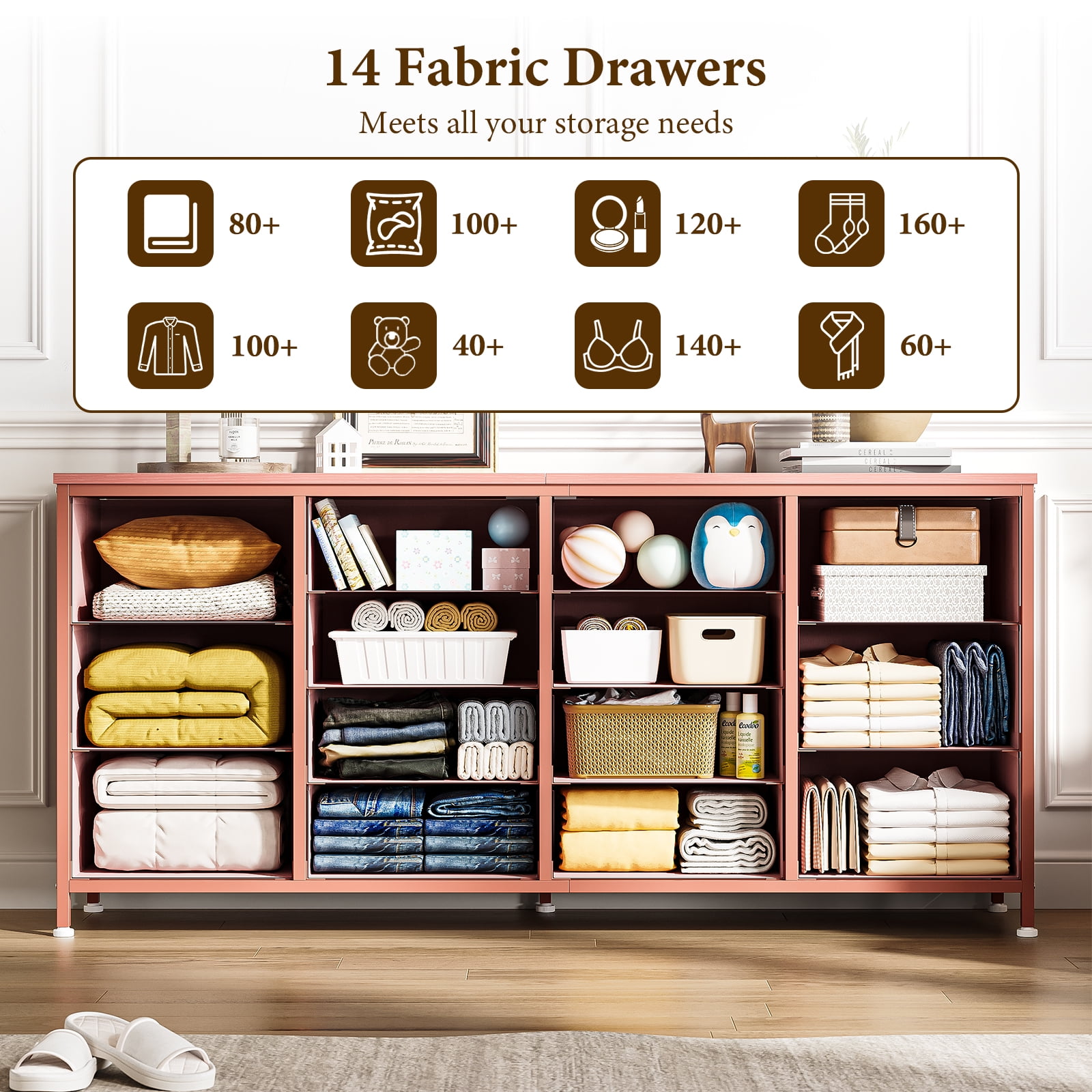 PIONEERWORKS 14-Drawer Dresser TV Stand, 63" Wide Fabric Storage Cabinet with Power Outlets for Bedroom, Entertainment Center for 65-75 Inch TVs, Pink