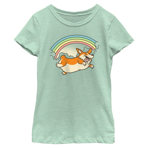 Girl's Lost Gods Cloudy Rainbow Corgi  Graphic T-Shirt