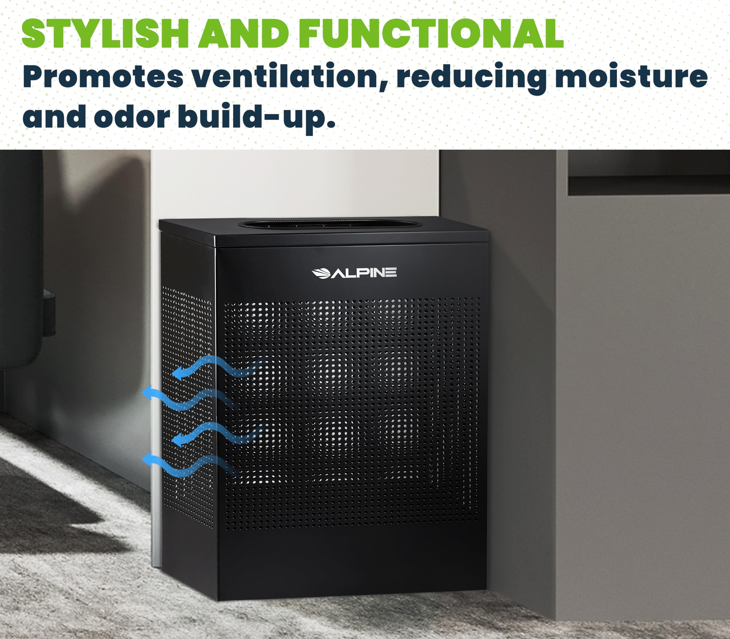 Alpine Black Commercial Trash Can - Large Perforated 23 Gallon Trash Can Open Top, Modern Metal Heavy Duty Garbage Can for Indoor & Outdoor in Office