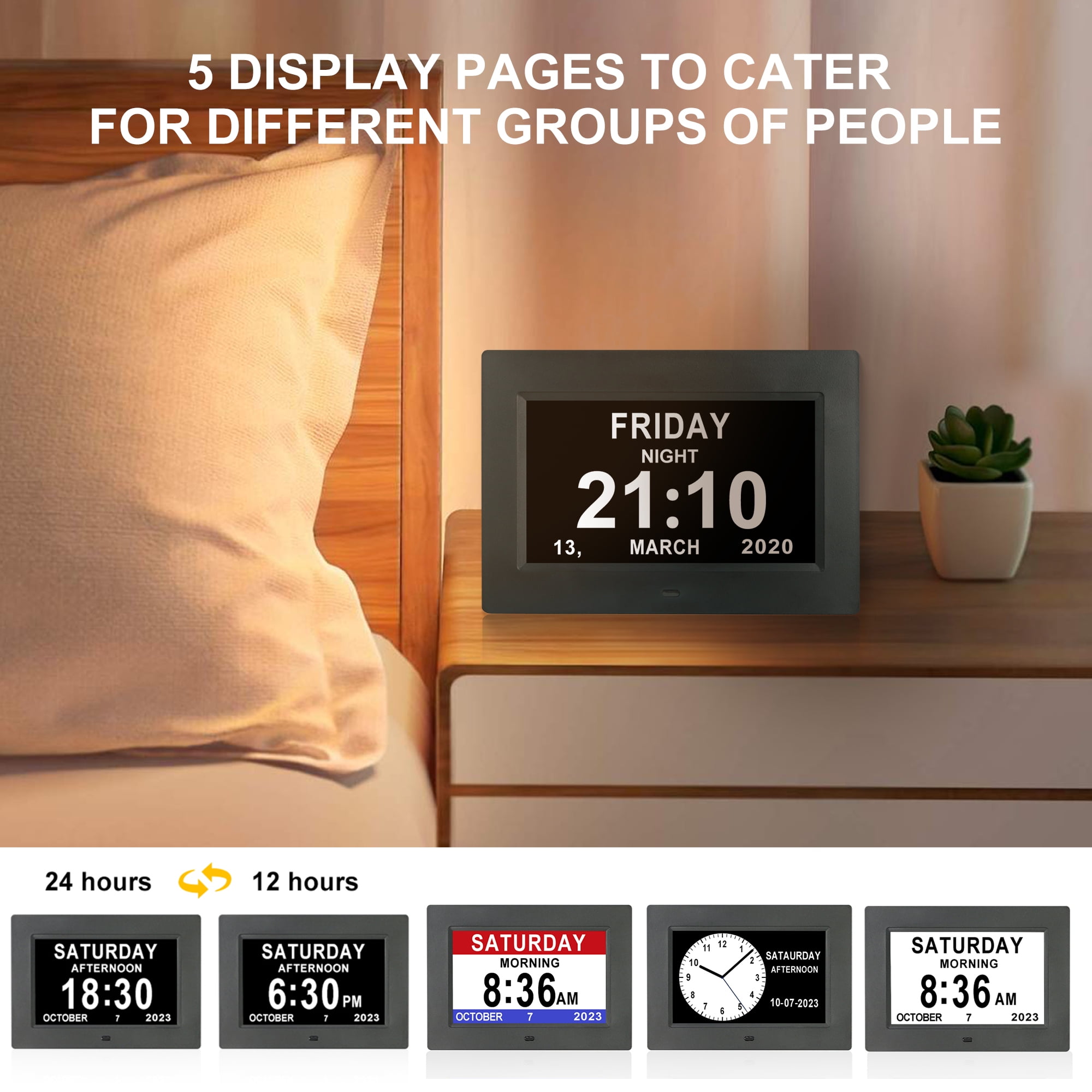 Digital Calendar Alarm Clock - Dementia Clocks for Seniors, Non-Abbreviated Memory Loss Clock with Date and Time for Elderly