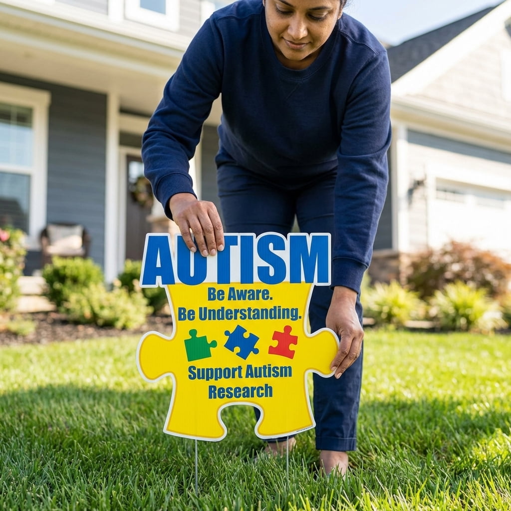 Autism Awareness Puzzle Piece Yard Sign, 21" x 21.5" Outdoor Lawn Decoration with Stakes, Weatherproof Corrugated Plastic, “Be Aware Be Understanding” Support Sign