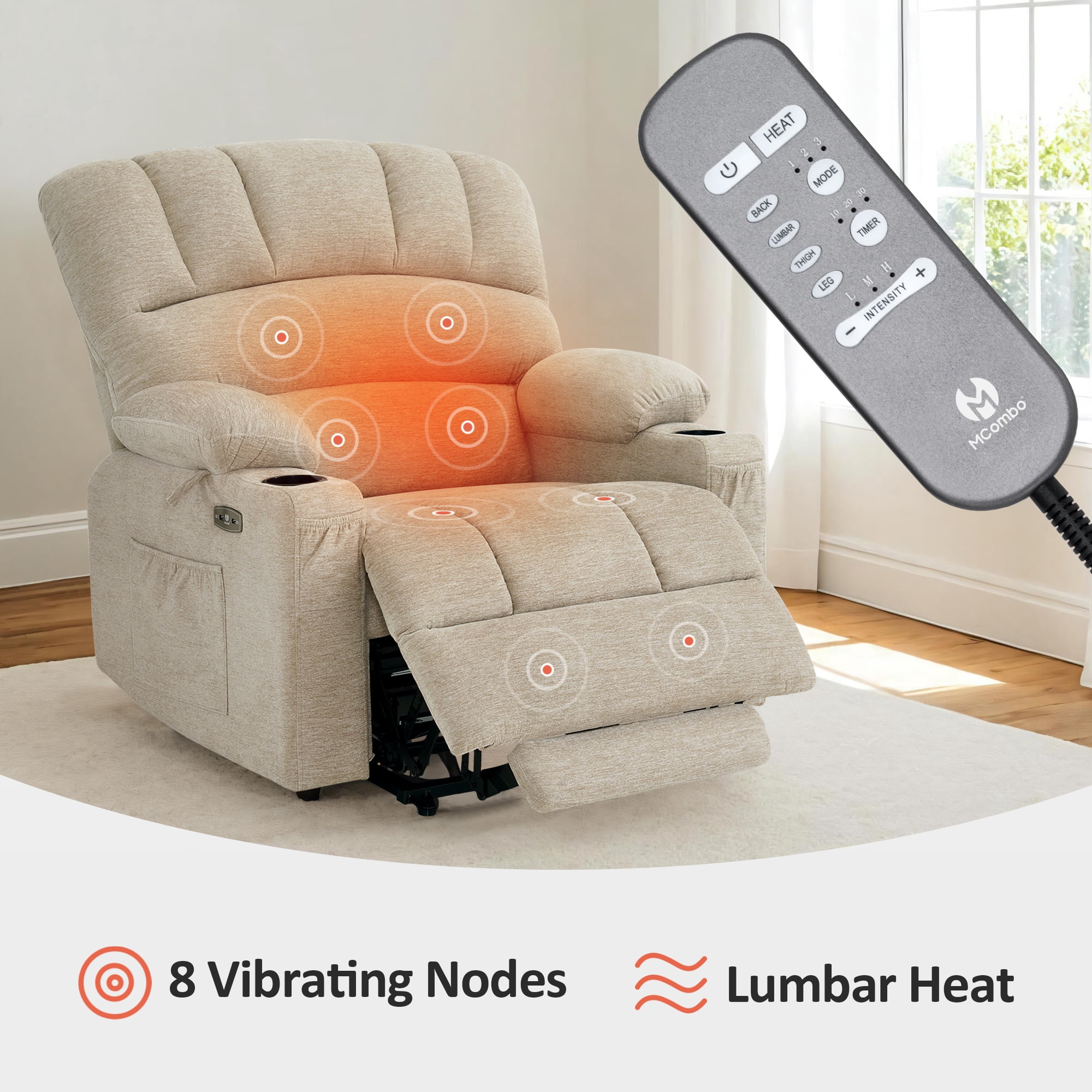 MCombo Oversized Power Lift Recliner Chair, 27.2'' Extra-Wide Seat, Fabric(Medium-Wide, Beige)