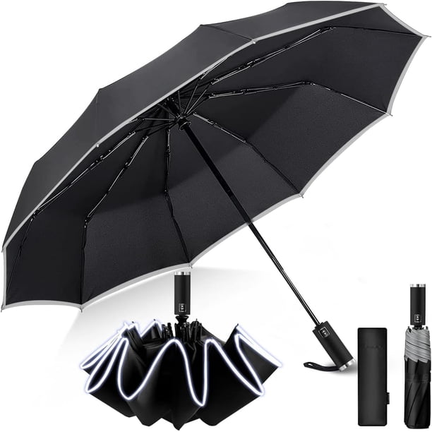 Paraguas Plegable Automático, Paraguas de Bolsillo para Lluvia y Sol, Sombrilla Plegable Grande Resistente al Viento con Protección UV y Borde Reflectante de Seguridad, Ligero y Portátil