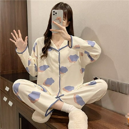 

CoCopeaunt Spring Autumn Pajamas Set for Women Thin Cotton Fashion Print Women Long Sleepwear Suit Home Clothes Women Female Sleepwear