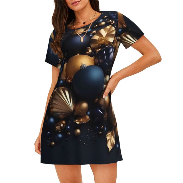 Easygdp Elegant Golden Blue Ornaments Camisón de manga corta para mujer, informal, estampado