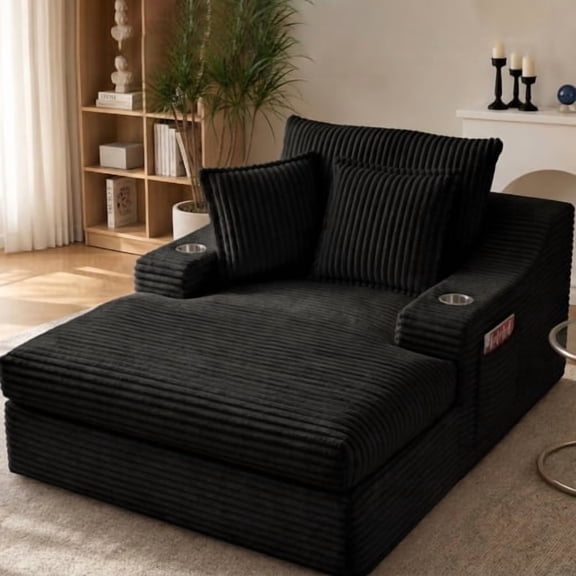 Oversized Chaise Lounge Chair Indoor, 67'' Upholstered Sleeper Sofa Bed with Cup Holders and 3 Pillows, Cloud-Padded Corduroy Chaise with Side Pocket, for Living Room Bedroom, Black