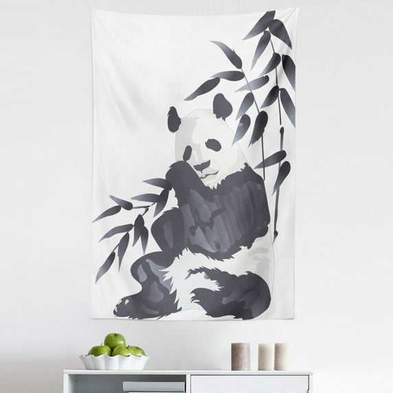 Animal Tapestry, Giant Panda Bear Sitting in Zoo Traditional Chinese Painting Monochrome Picture, Fabric Wall Hanging Decor for Bedroom Living Room Dorm, 5 Sizes, Cadet Blue White, by Ambesonne