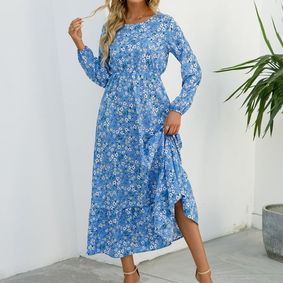 Xuniizn Floral Dress for Women, Long Sleeve Square Neck Fall Maxi Dress, Soft Thin Comfy Elegant Wedding Guest Dress