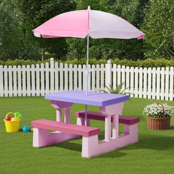 Outdoor Table and Chair Set with Removable Umbrella, Kids Picnic Table for Backyard Garden Patio, Pink & Purple
